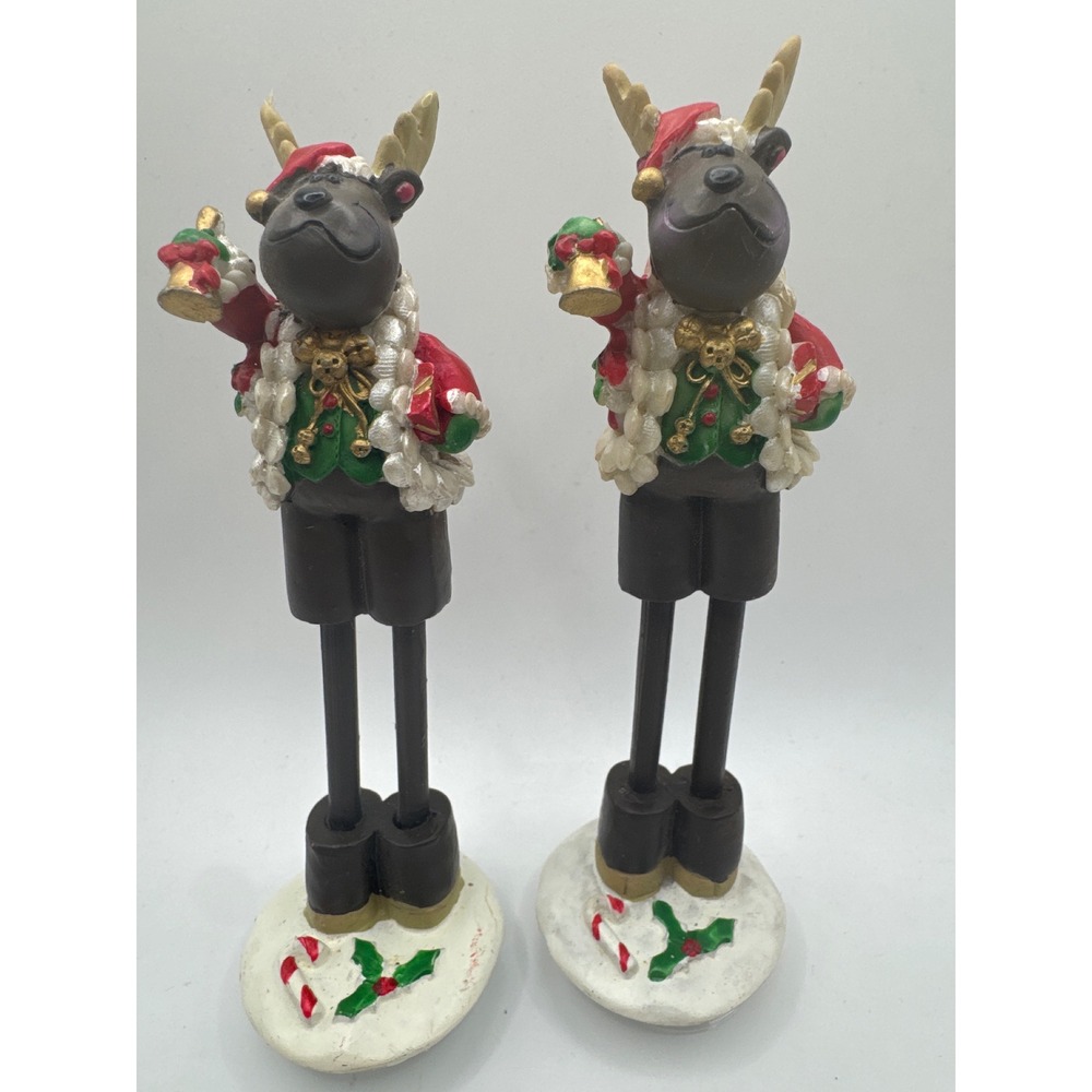 Christmas Reindeer Figurines Set of 2 Whimsical Holiday Moose Resin Decor 6.75in